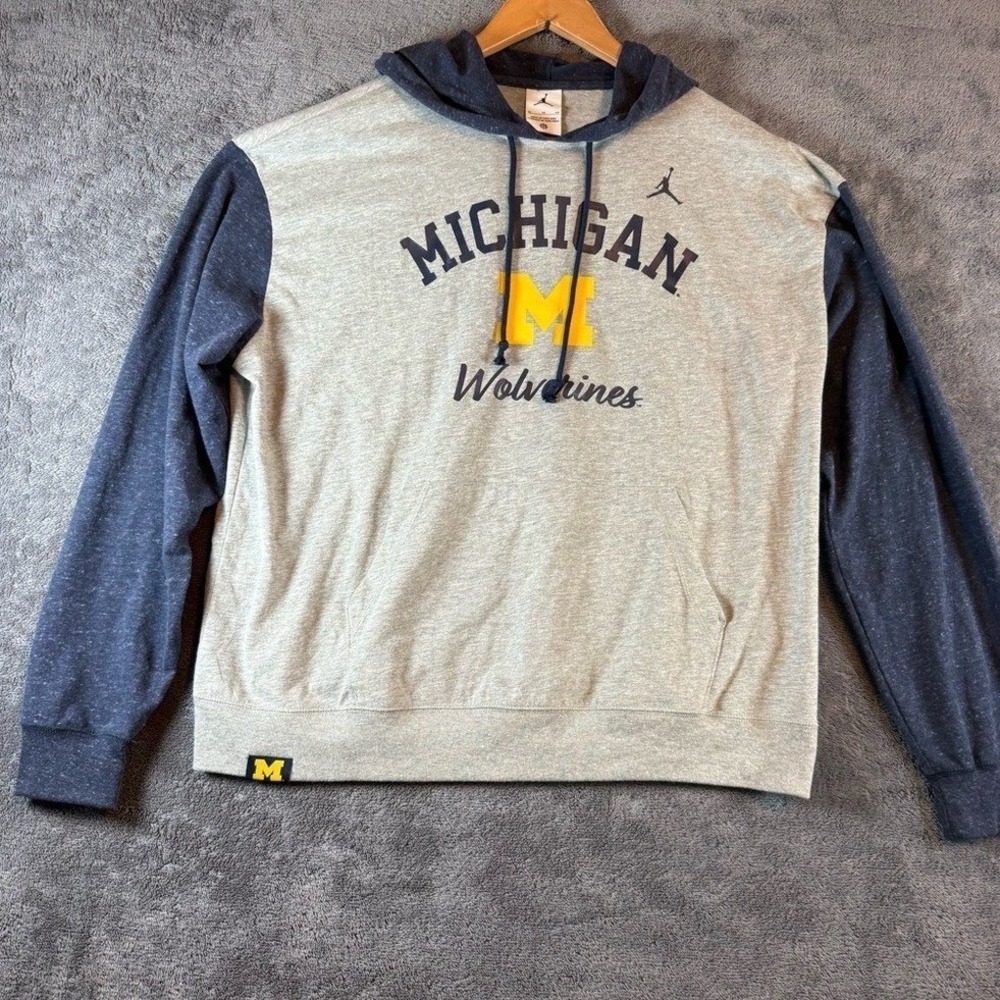 Jordan Michigan Wolverines Hoodie Gray‎ Navy Blue Colorblock XL Jumpman Pullover